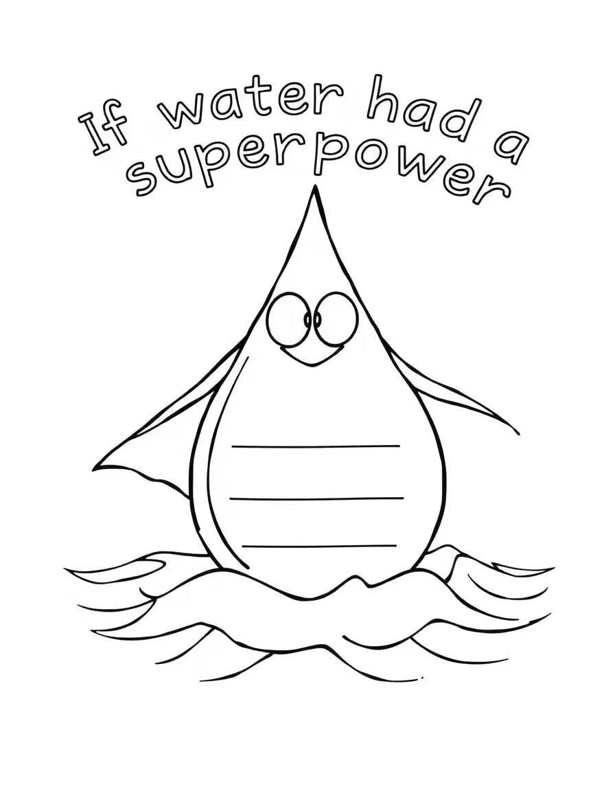 "If water had a superpower" coloring page. A water droplet with a cape or symbol, and blank spaces to describe its power. Include waves. Black and white line art.