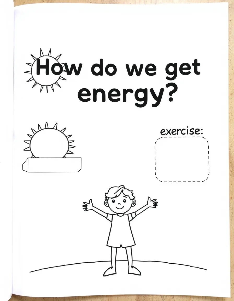 "How do we get energy?" coloring page. Outlines of sun, food, exercise, with blank spaces to describe how they give energy. Include an energetic figure. Black and white line art.
