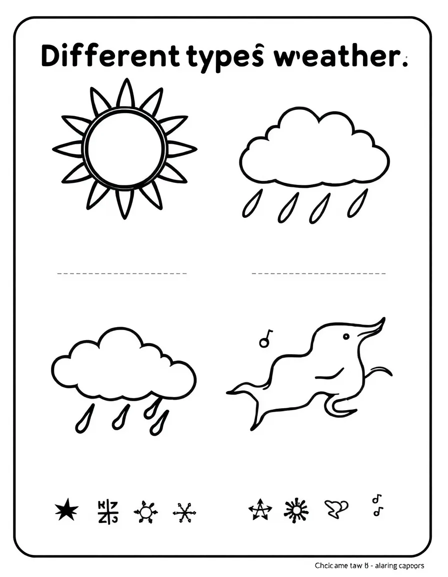 "Different types of weather" coloring page. Outlines of sun, rain, snow, wind, with blank spaces to draw or write about each. Include weather symbols. Black and white line art.