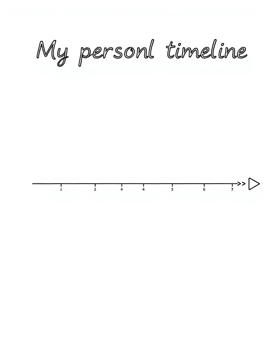 "My personal timeline" coloring page. A blank timeline with space to draw or write about important life events. Include a clock or calendar. Black and white line art.
