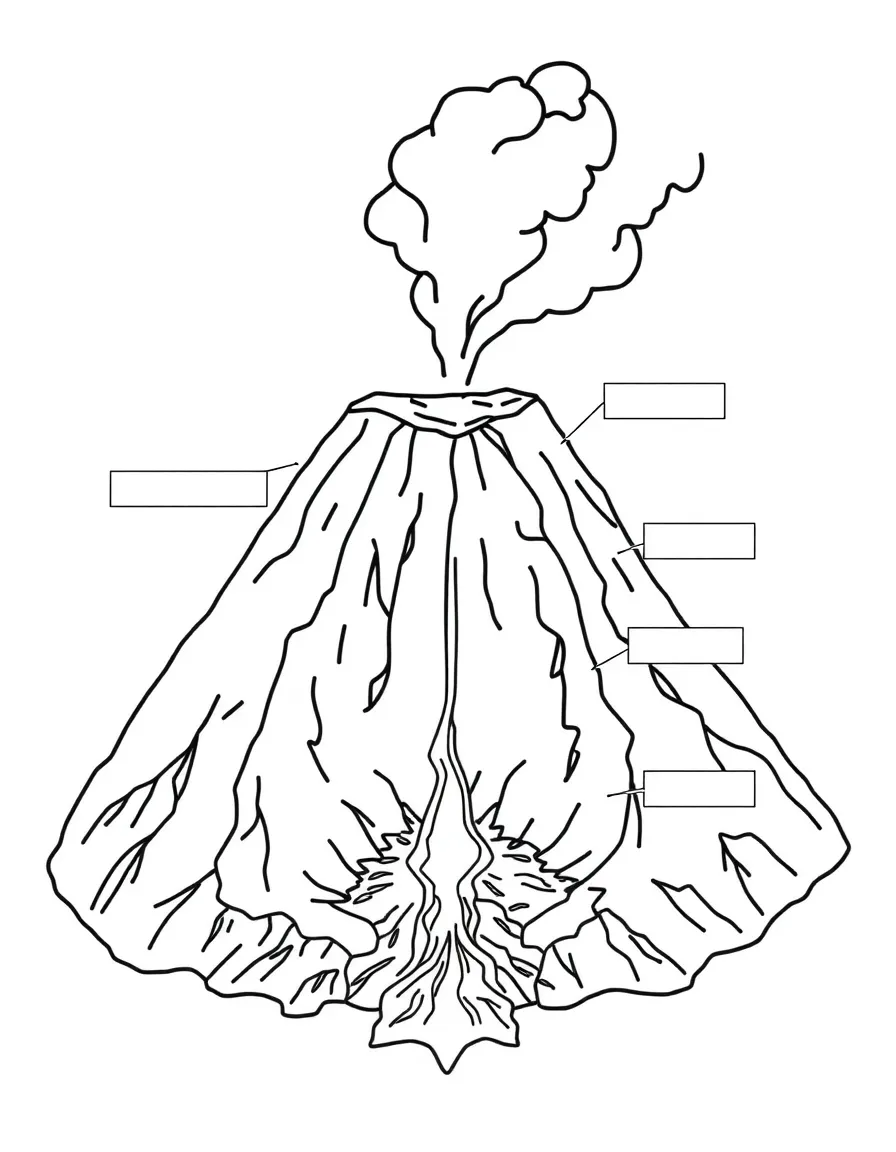 "Inside a volcano" coloring page. A cross-section of a volcano outline with blank labels for magma, crater, etc. Include lava flow. Black and white line art.