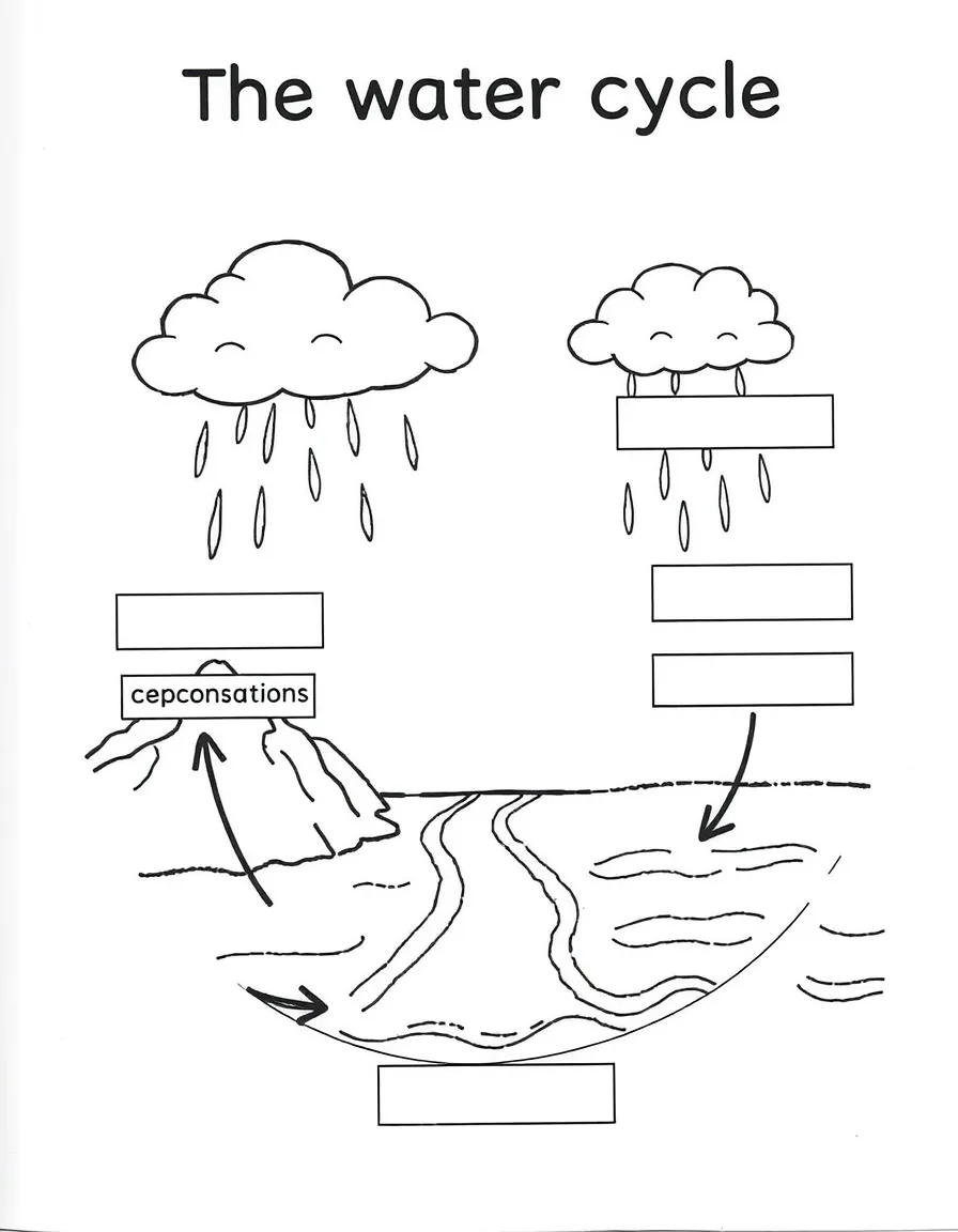 "The water cycle" coloring page. Outlines of clouds, rain, river, ocean, with blank labels for evaporation, condensation, precipitation. Include arrows. Black and white line art.