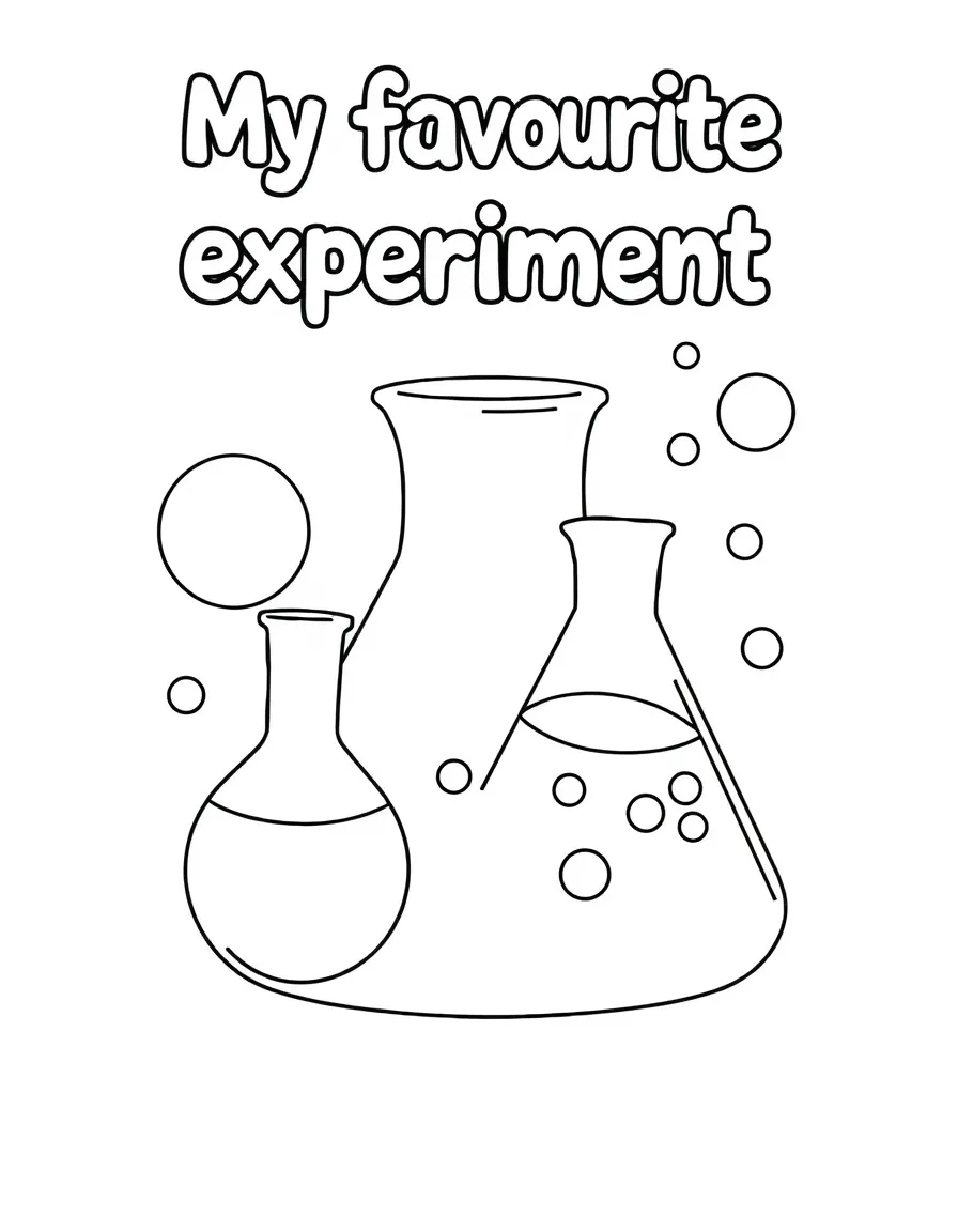 "My favorite science experiment" coloring page. A blank beaker or lab setup, with spaces to draw and write about a favorite experiment. Include bubbles. Black and white line art.