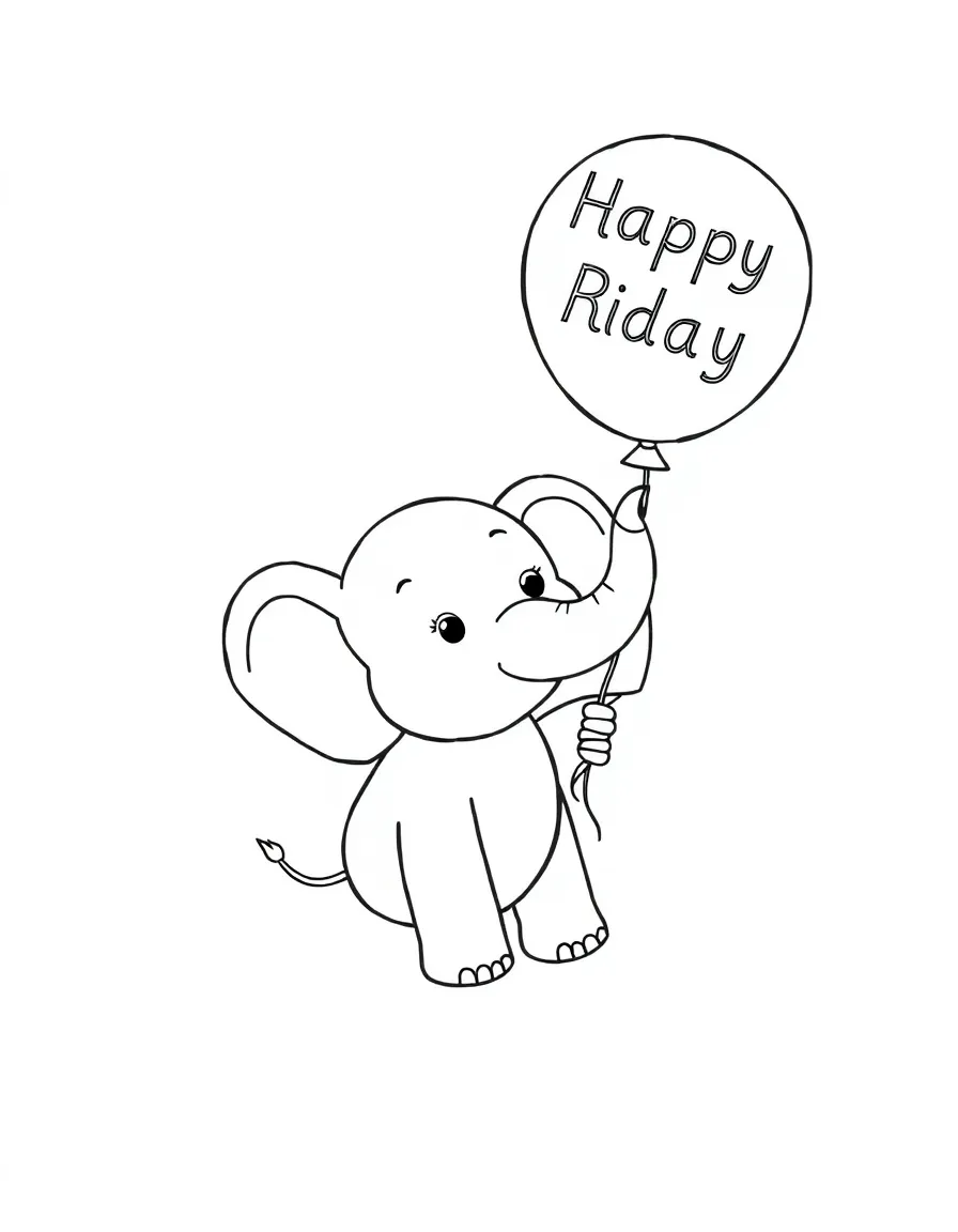 A joyful **elephant** holding a balloon with "Happy Birthday" written on it.