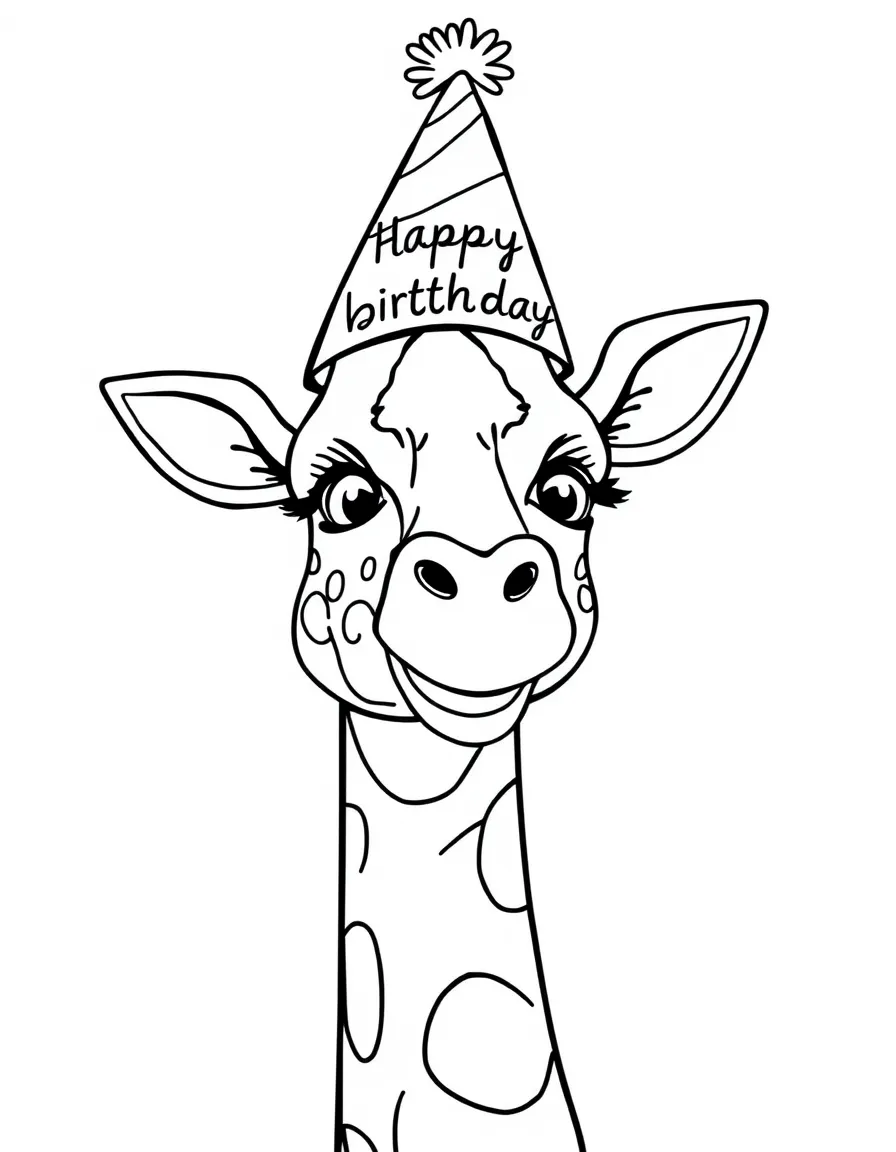A happy **giraffe** wearing a party hat with "Happy Birthday" on the brim.