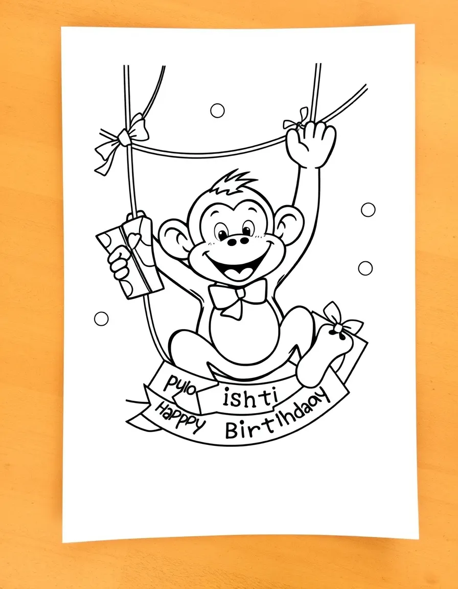 A silly **monkey** swinging with presents and a "Happy Birthday" banner.
