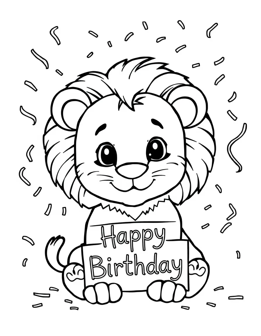 A friendly **lion cub** surrounded by confetti and a "Happy Birthday" sign.