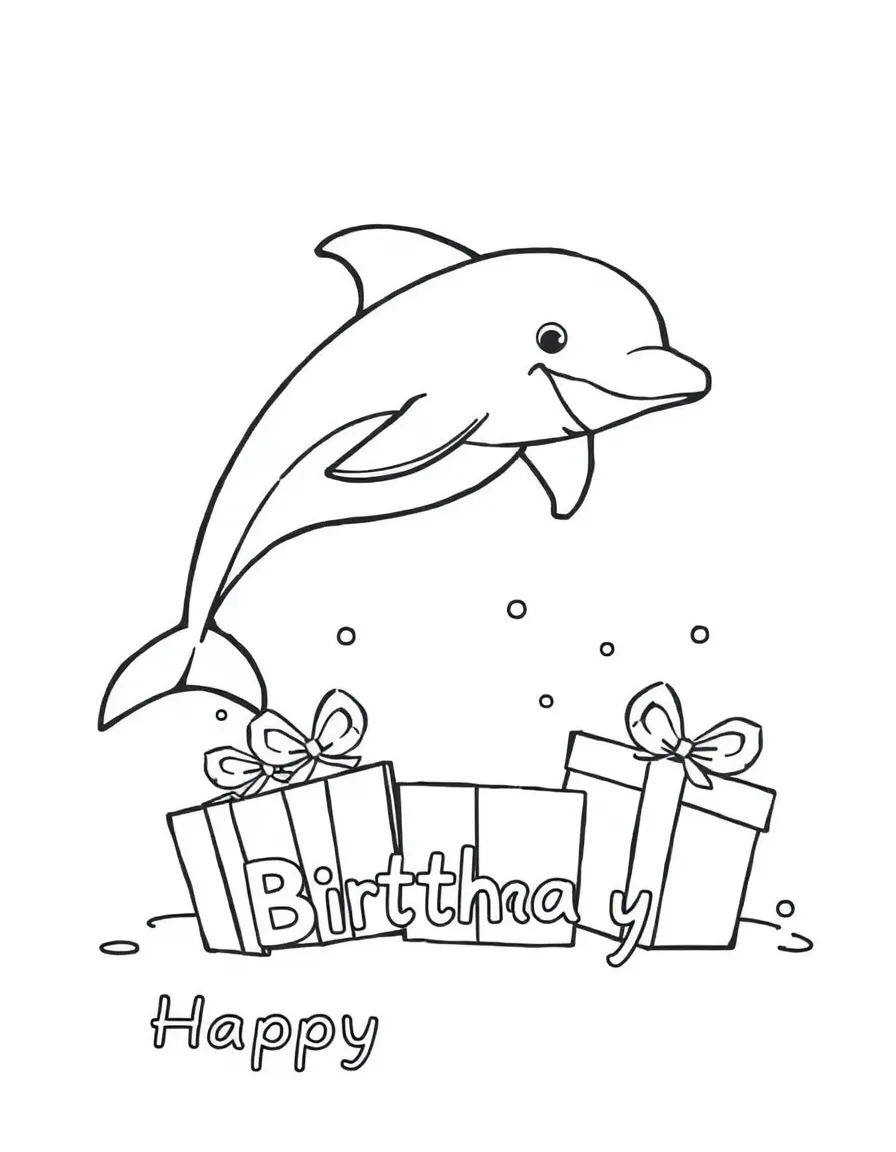 A playful **dolphin** jumping over birthday gifts and a "Happy Birthday" wave.