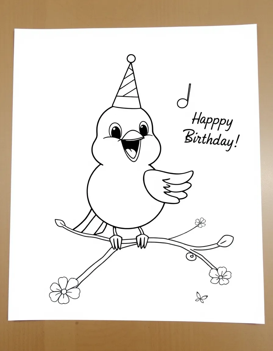 A little **bird** singing a birthday song with a "Happy Birthday" note.