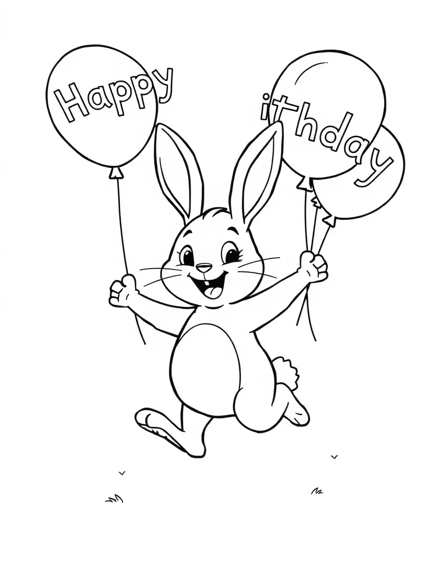 A cheerful **bunny** hopping with balloons that say "Happy Birthday".