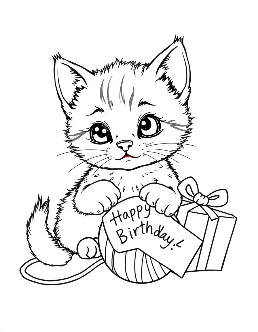 A sweet **kitten** playing with a ball of yarn and presents with a "Happy Birthday" tag.
