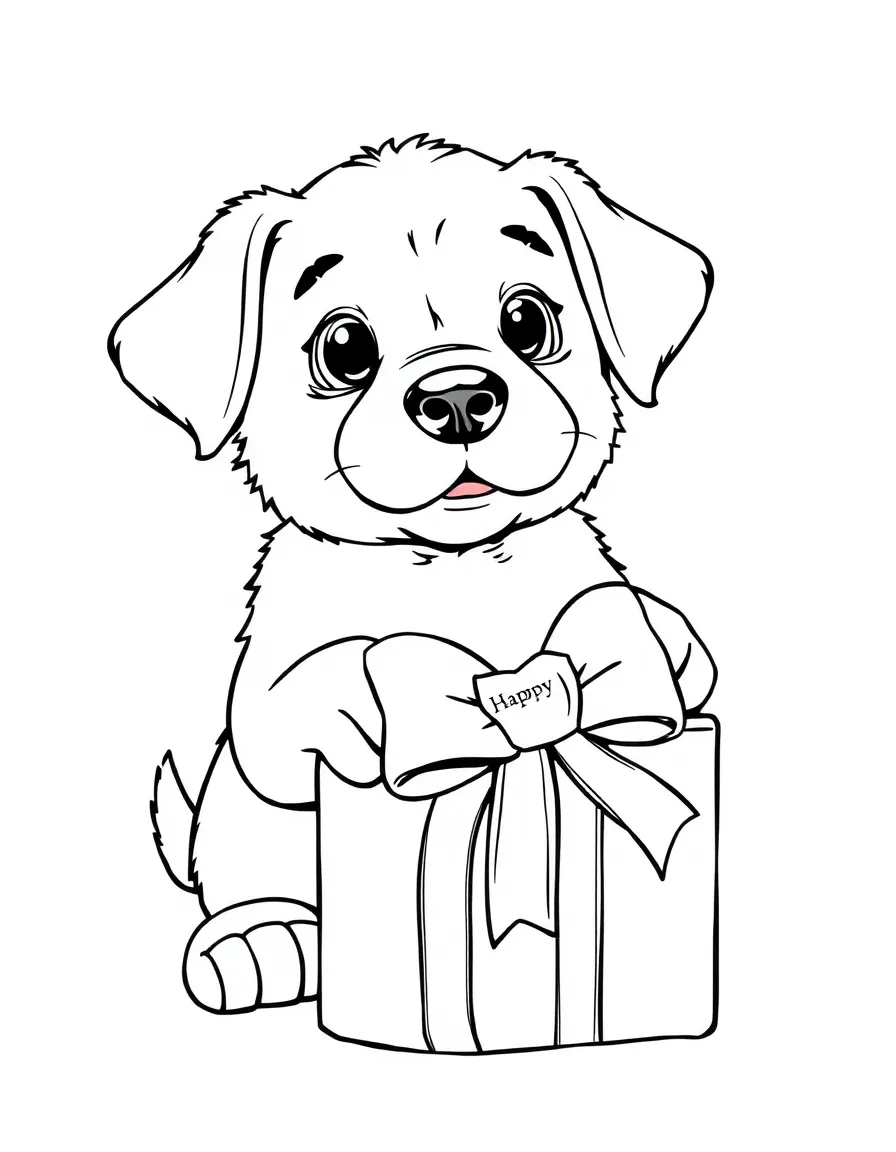 A curious **puppy** unwrapping a gift with a "Happy Birthday" bow.