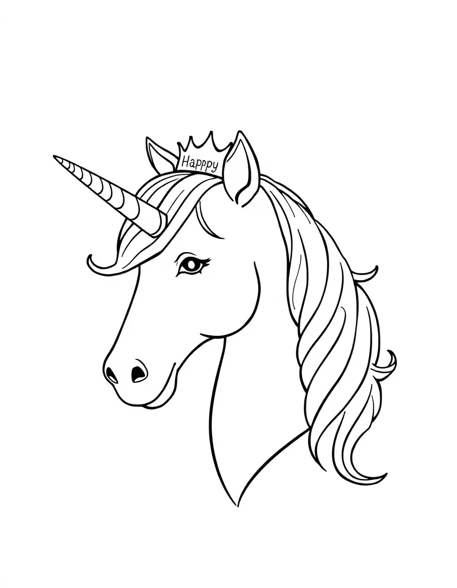 A majestic **unicorn** with a birthday crown and a "Happy Birthday" horn.
