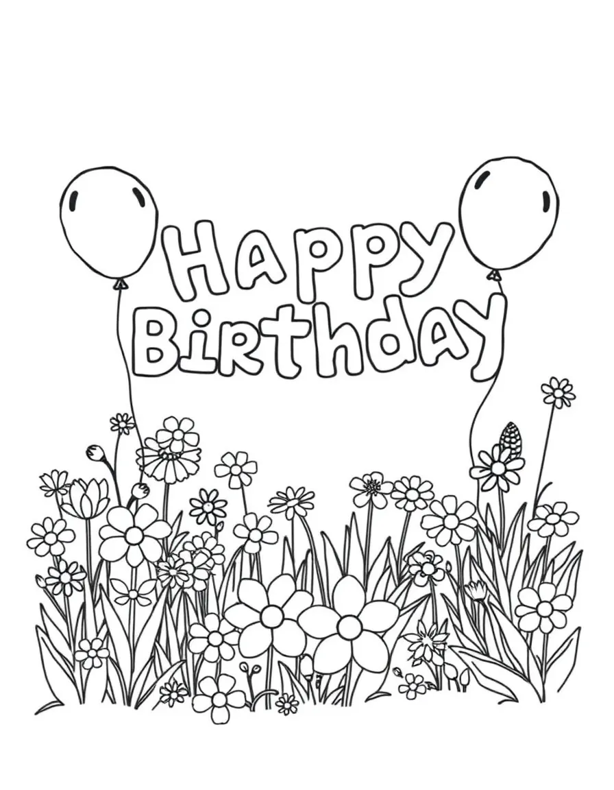 A garden full of **flowers** and floating balloons that spell out "Happy Birthday".