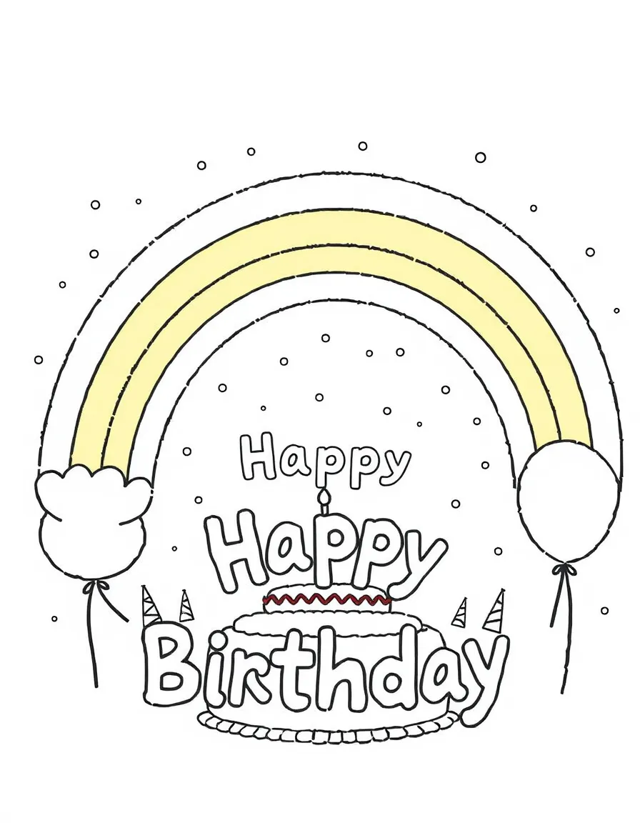A **rainbow** arching over a birthday party scene with "Happy Birthday" colors.