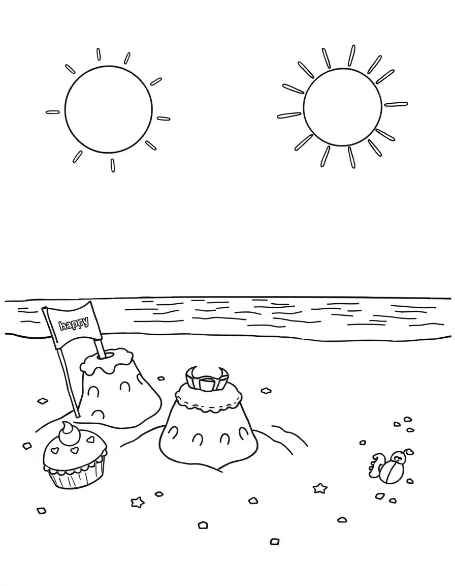 A sunny **beach** with sandcastles and birthday treats with a "Happy Birthday" flag.
