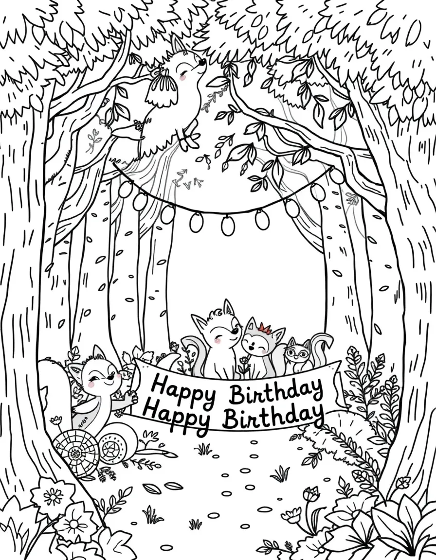 A cozy **forest** with woodland creatures celebrating and a "Happy Birthday" banner.