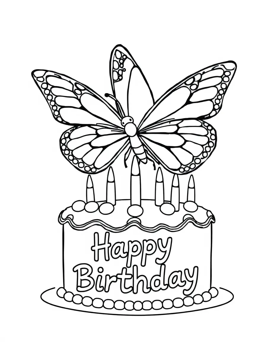 A vibrant **butterfly** landing on a birthday cake that says "Happy Birthday".