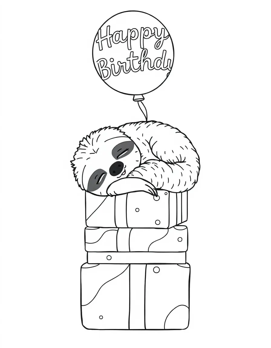 A sleepy **sloth** napping on a stack of presents with a "Happy Birthday" balloon.