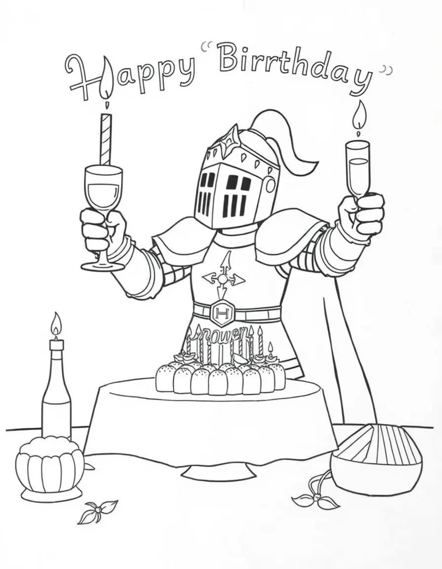 A brave **knight** celebrating with a birthday feast and a "Happy Birthday" toast.