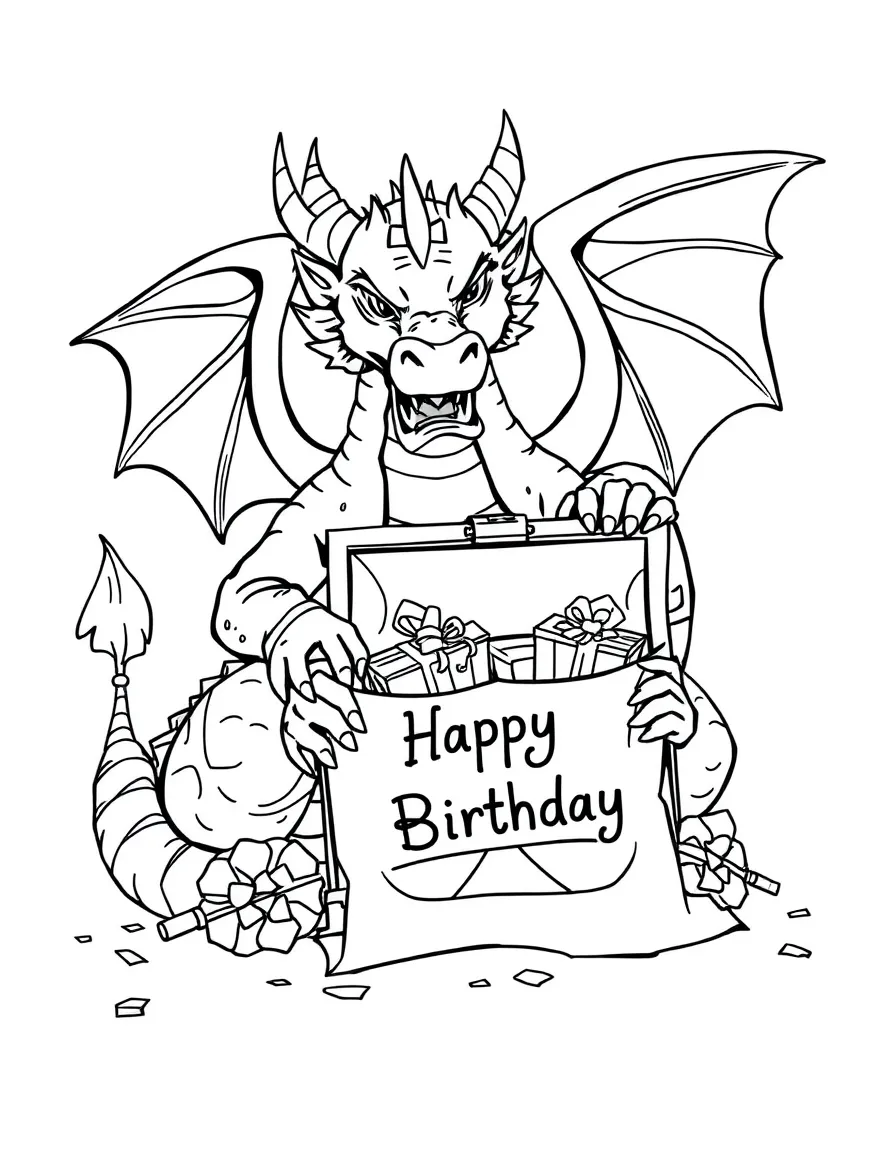 A powerful **dragon** guarding a treasure chest of gifts and a "Happy Birthday" scroll.