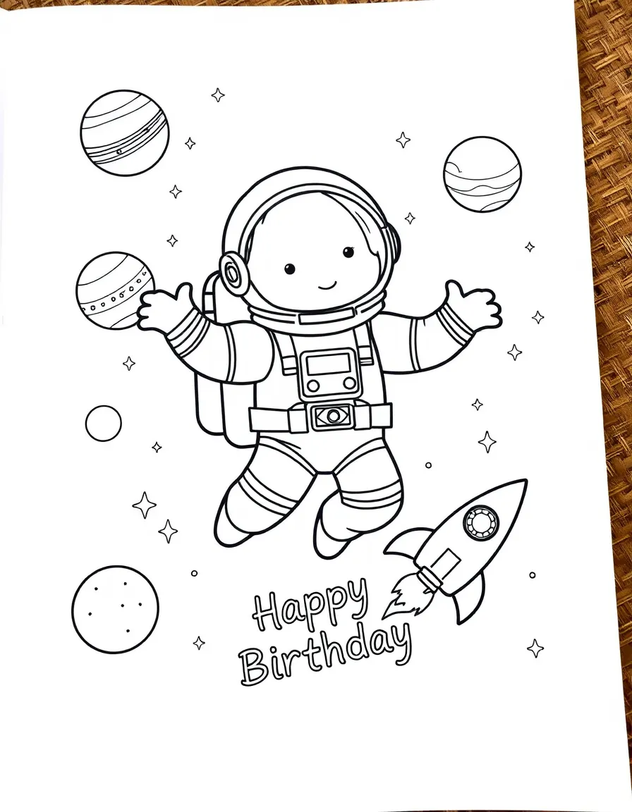 A courageous **astronaut** floating with birthday planets and a "Happy Birthday" rocket.