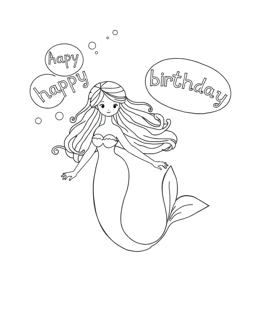 A graceful **mermaid** swimming with birthday bubbles that say "Happy Birthday".