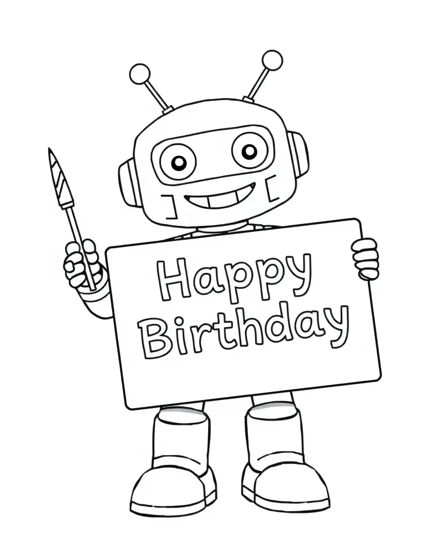 A friendly **robot** holding a birthday sign that reads "Happy Birthday".
