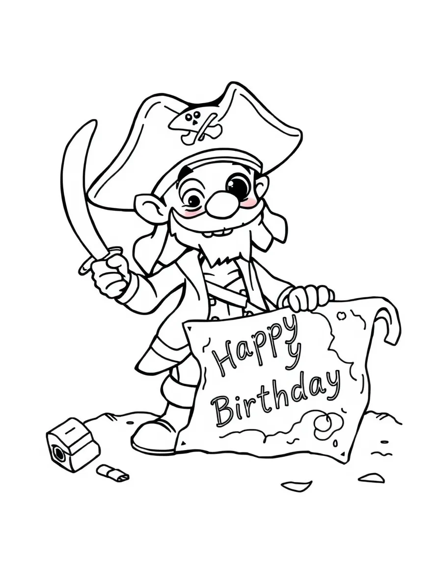 A clever **pirate** finding a birthday treasure map with "Happy Birthday" marked on it.