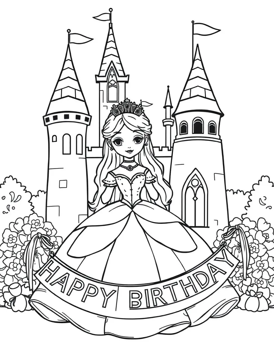 A royal **prince/princess** having a castle birthday party with a "Happy Birthday" banner.