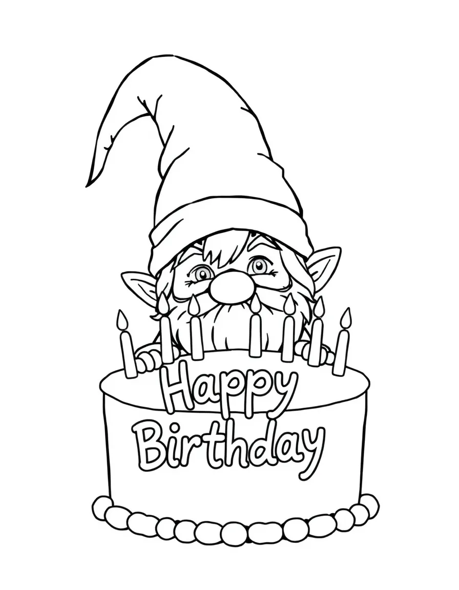 A mischievous **gnome** peeking out from behind a birthday cake that says "Happy Birthday".