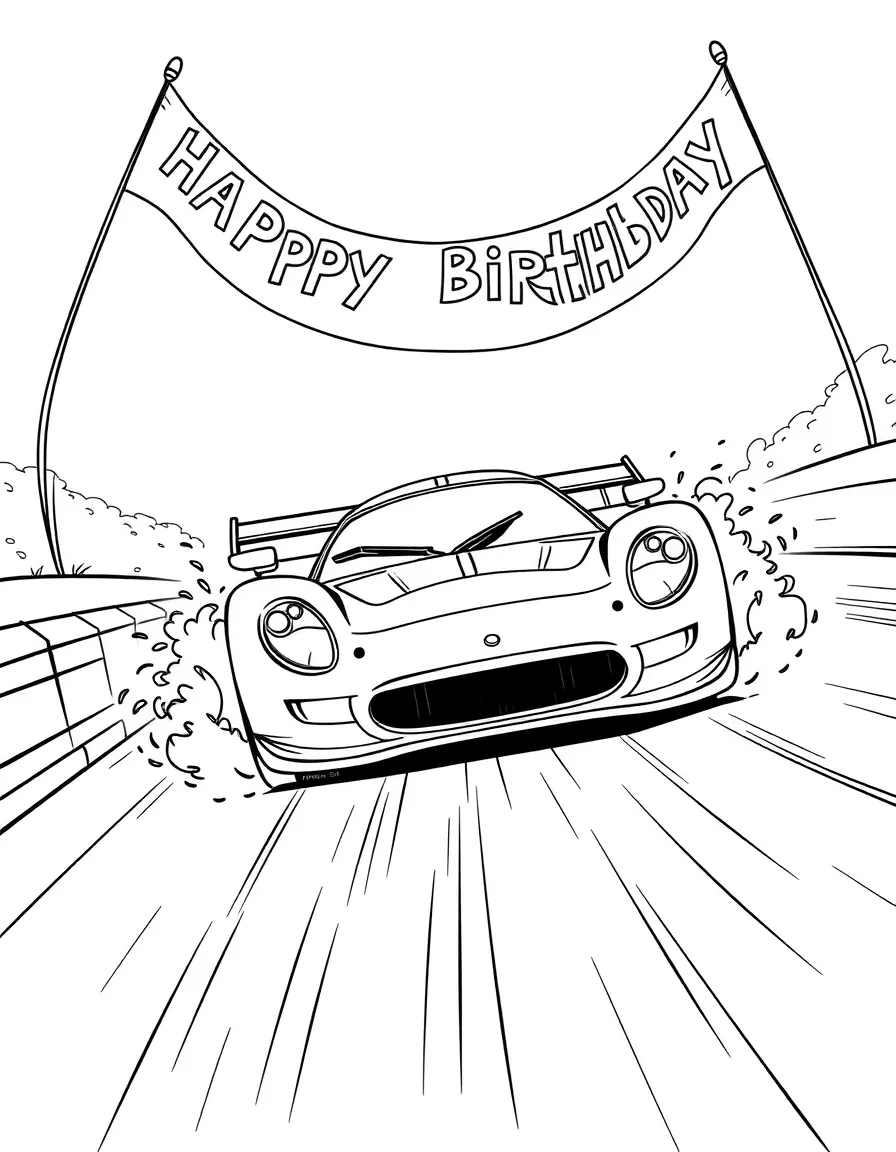 A thrilling **race car** speeding towards a finish line with "Happy Birthday" flags.