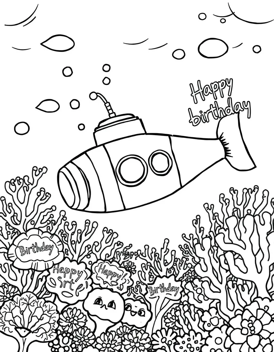 A deep-sea **submarine** exploring a birthday coral reef with "Happy Birthday" messages.
