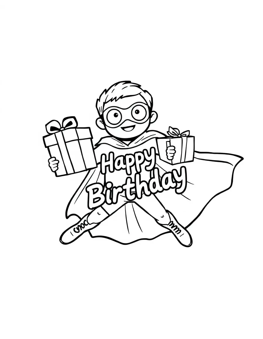 A mighty **superhero** flying with birthday presents and a "Happy Birthday" cape.