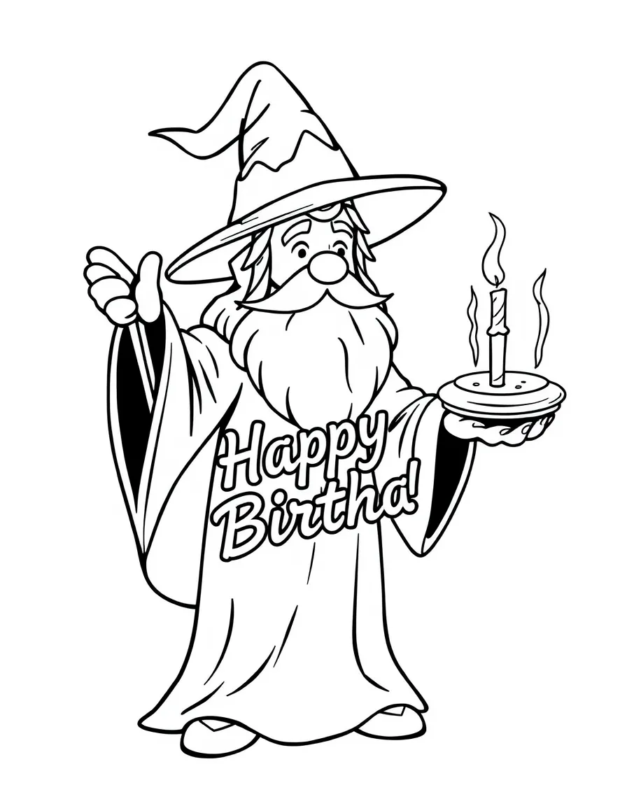 A wise **wizard** casting a birthday spell that says "Happy Birthday".