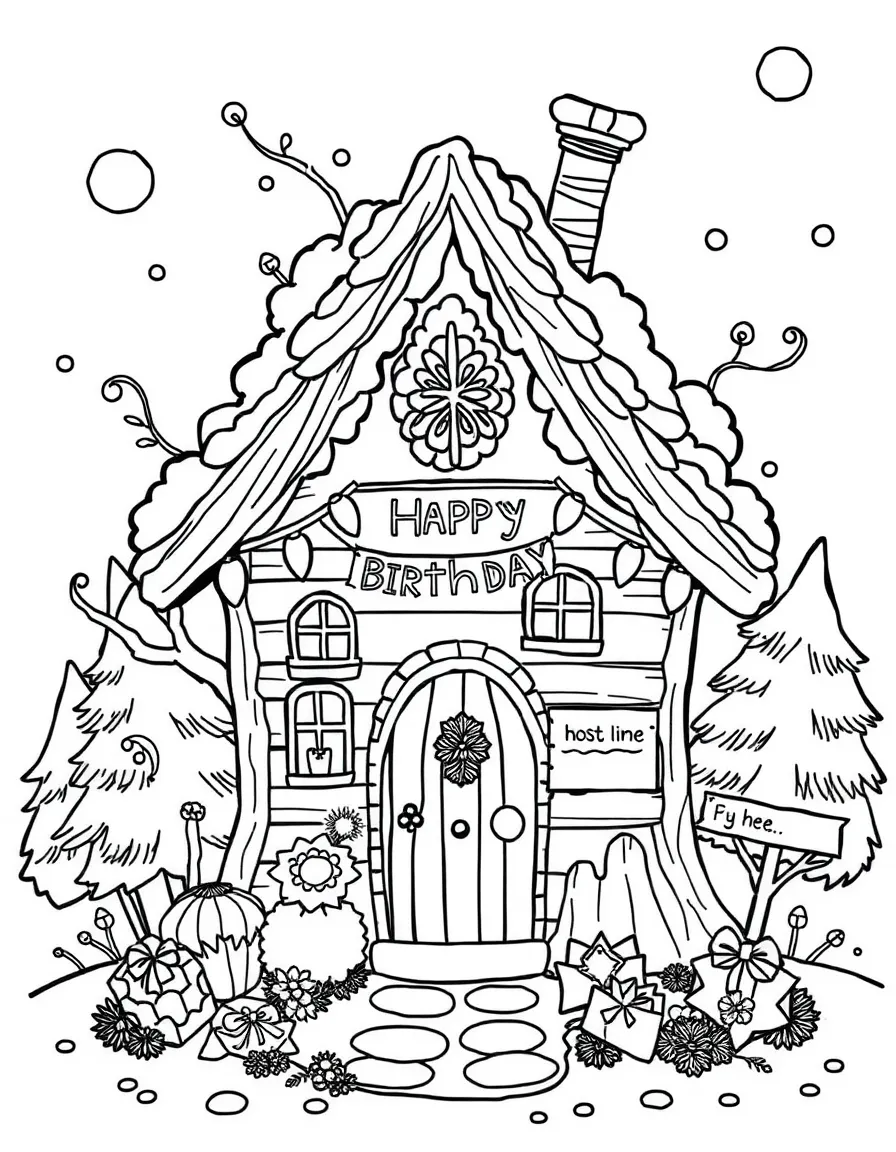 A cozy **treehouse** filled with birthday decorations and a "Happy Birthday" sign.