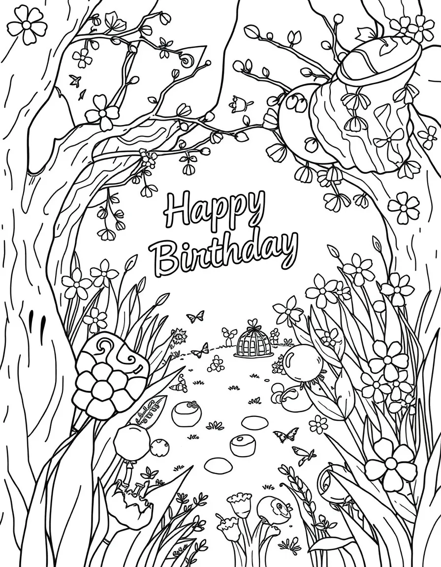 A secret **garden** with hidden birthday treats and a "Happy Birthday" message.