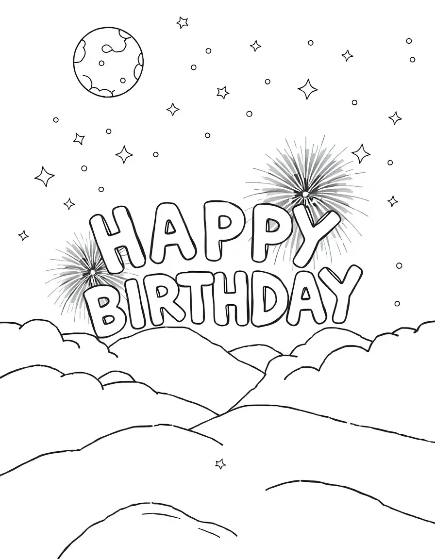 A journey to the **moon** with birthday fireworks that spell "Happy Birthday".