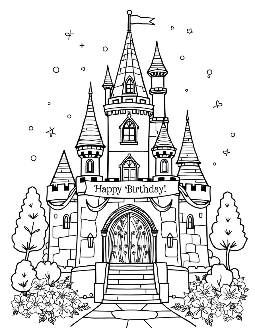 An enchanted **castle** ready for a birthday ball with a "Happy Birthday" banner.