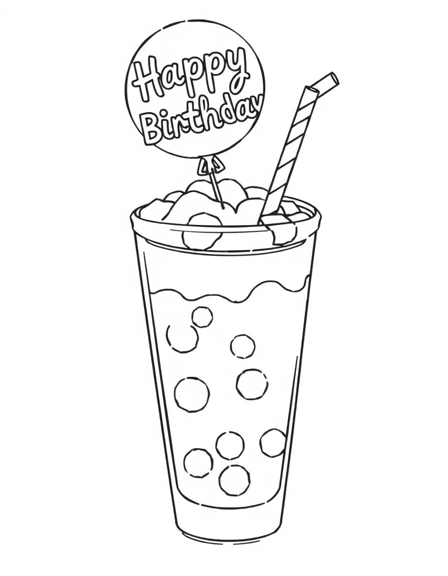 A bubbling **soda pop** with a straw and balloon that says "Happy Birthday".