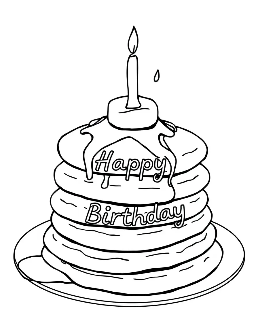 A stack of fluffy **pancakes** with birthday syrup and a "Happy Birthday" design.