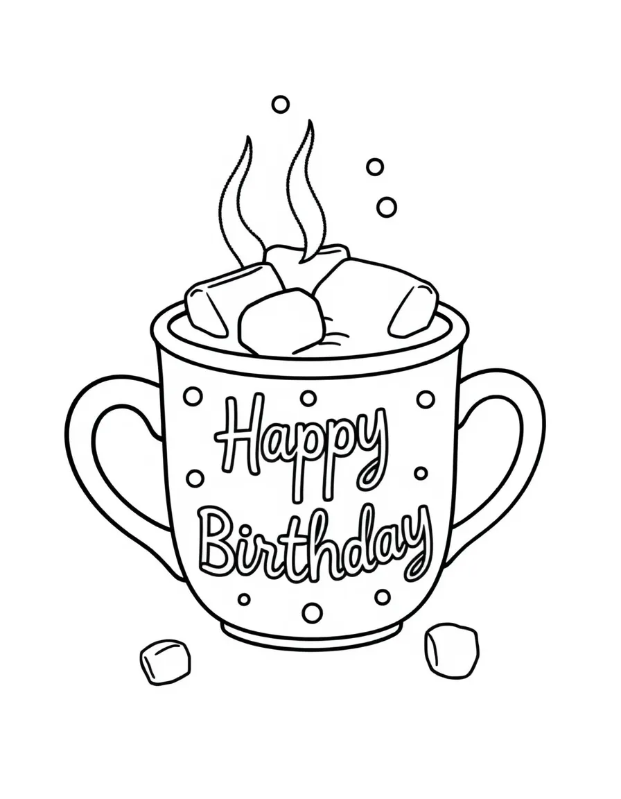 A steaming mug of **hot cocoa** with birthday marshmallows and a "Happy Birthday" message.