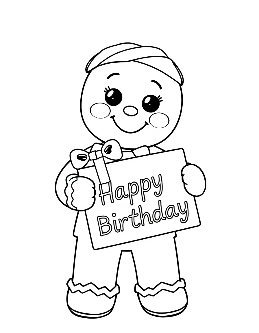 A cheerful **gingerbread man** holding a birthday gift and a "Happy Birthday" sign.