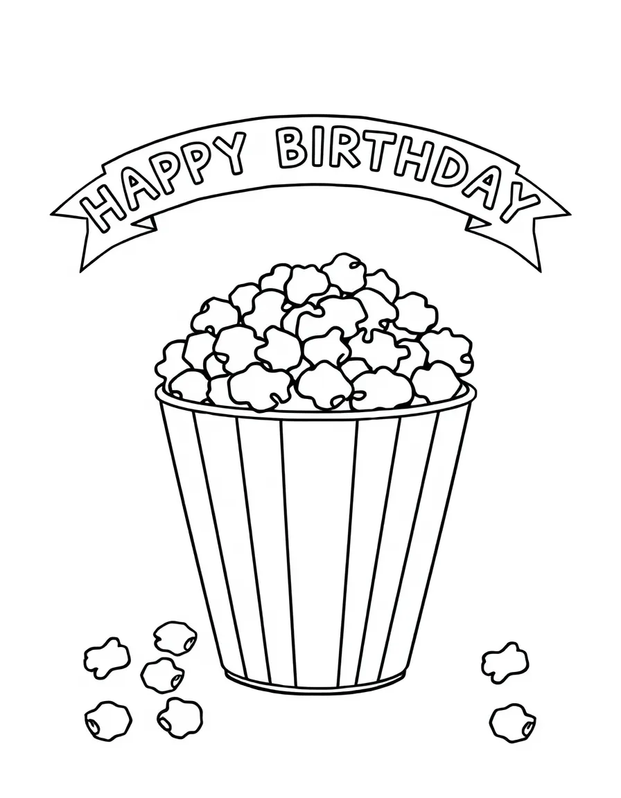 A bowl of **popcorn** ready for a birthday movie night with a "Happy Birthday" banner.