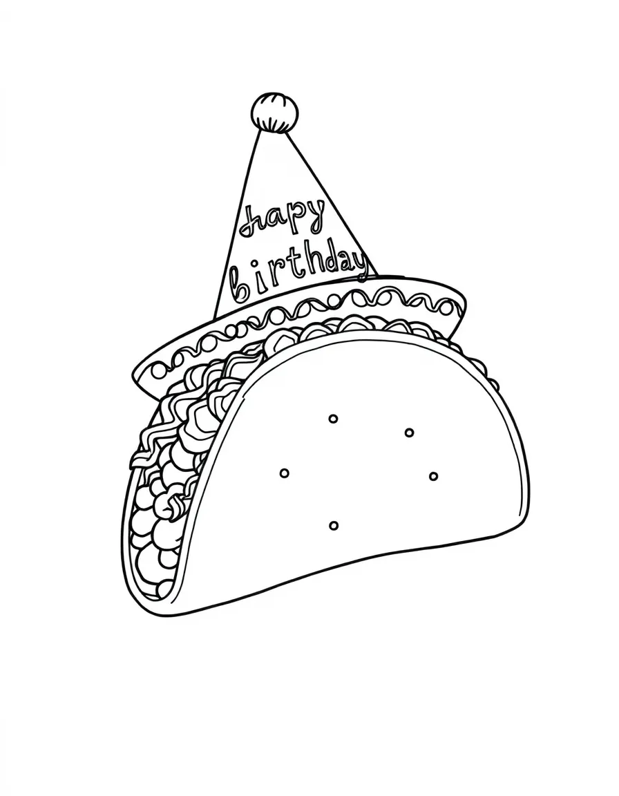 A yummy **taco** with a birthday sombrero that says "Happy Birthday".