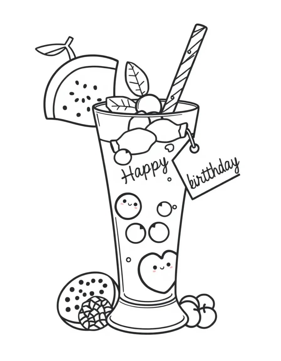 A colorful **fruit smoothie** with a birthday straw and a "Happy Birthday" tag.