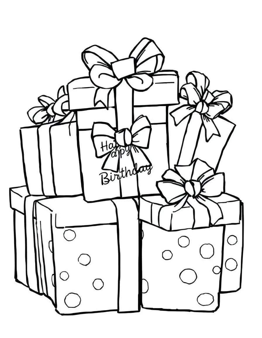 A pile of wrapped **presents** with bows and ribbons that say "Happy Birthday".