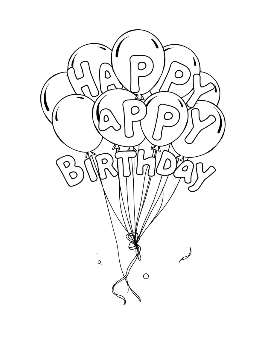 A bunch of floating **balloons** with streamers that spell out "Happy Birthday".