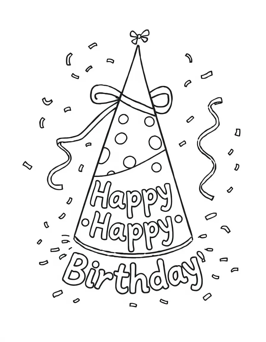 A festive **party hat** surrounded by confetti and a "Happy Birthday" message.