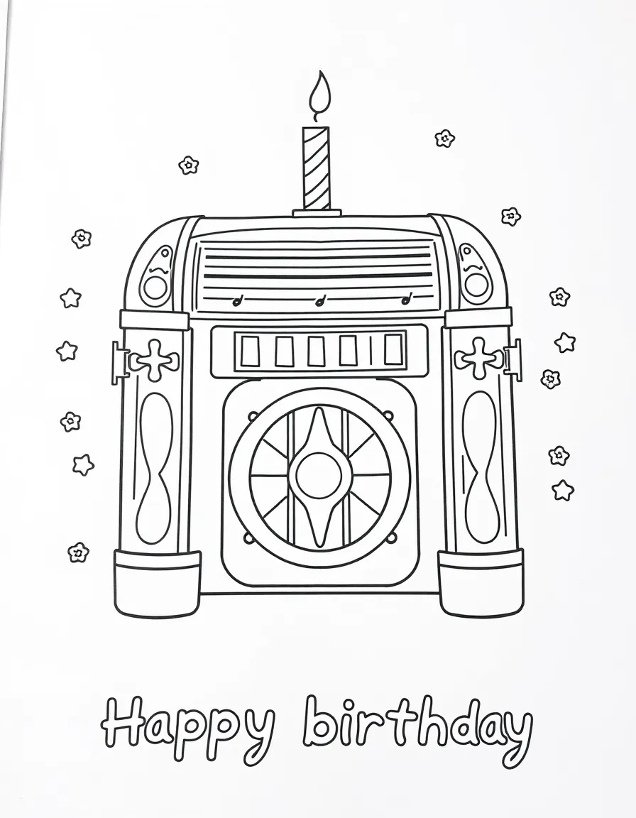 A musical **boombox** playing birthday tunes and a "Happy Birthday" song.